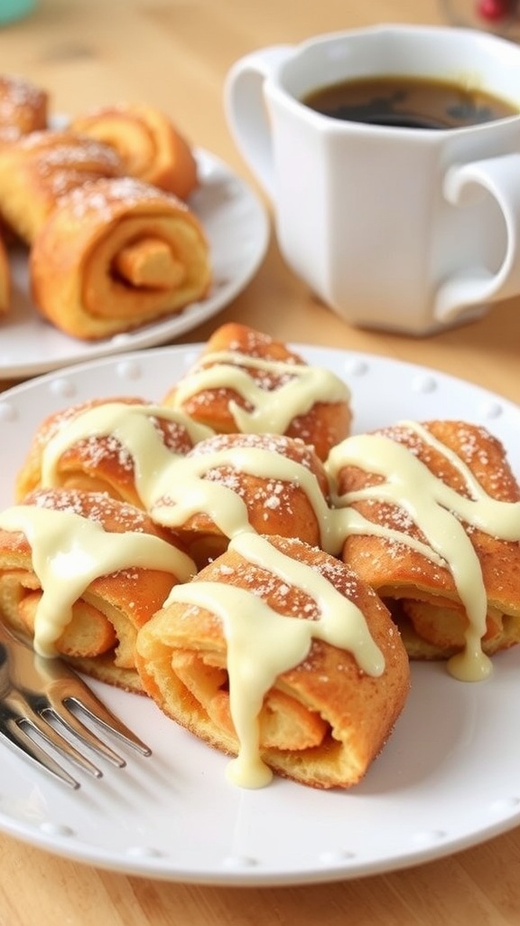 Cinnamon Roll French Toast Roll-Ups on a plate, drizzled with frosting and sprinkled with powdered sugar.